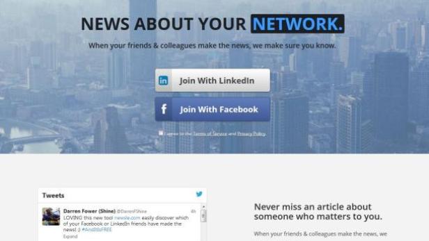 Die Webseite Newsle mit dem Slogan „News about your network“ vor einer verschwommenen Stadtkulisse.