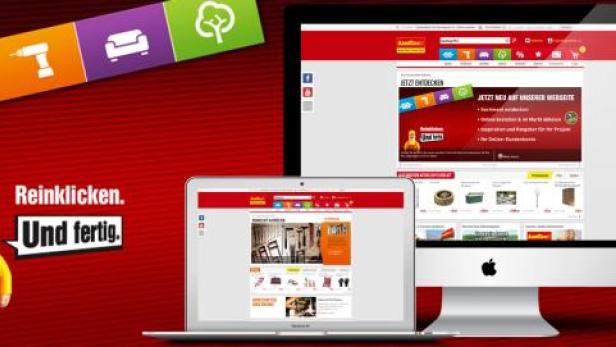 Ein Desktop-Computer, ein Laptop und ein Smartphone zeigen die Webseite von toom Baumarkt.