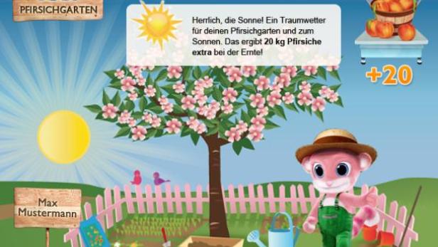 Ein Cartoon-Pfirsichgarten mit einem Bären, einem Baum und Gartengeräten.