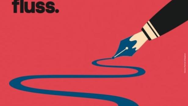 Eine stilisierte Feder schreibt eine blaue Linie auf rotem Grund, die den Informationsfluss symbolisiert.