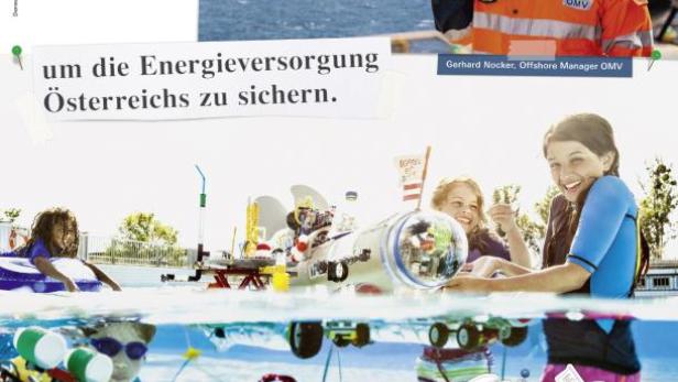 Eine Collage zeigt einen OMV-Mitarbeiter auf einer Ölplattform und Kinder, die im Pool spielen.