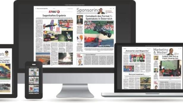 Ein Tablet, Smartphone, Monitor und Laptop zeigen die Titelseite einer Zeitung.
