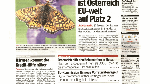 Schlagzeile vom 28.04.2015Bei Teilzeit ist Österreich EU-weit auf Platz 2Kurier