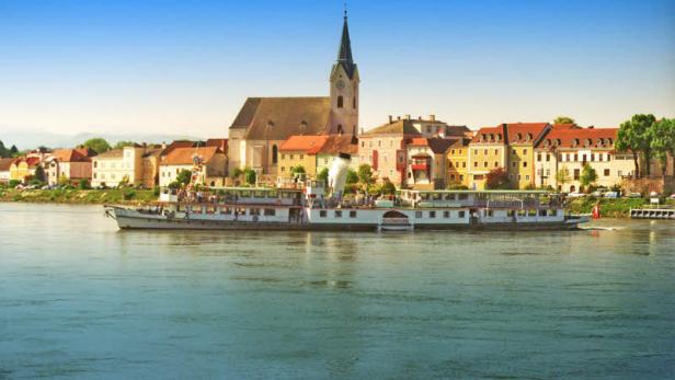 Ein Ausflugsdampfer fährt auf einem Fluss vor einer Stadt mit Kirchturm.