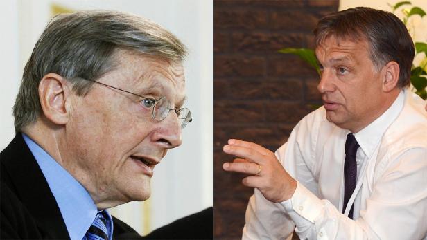 Ein Doppelporträt von László Sólyom und Viktor Orbán.