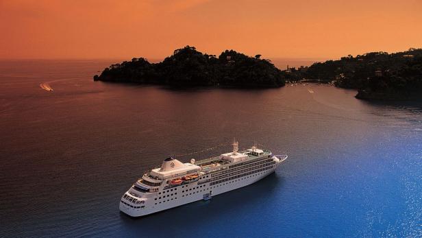 Ein Kreuzfahrtschiff fährt auf dem Meer an einer bewaldeten Küste entlang.