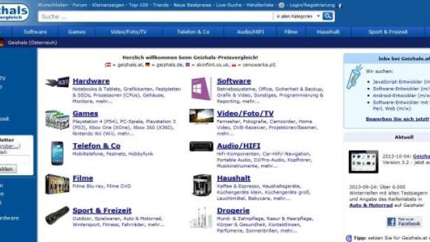 Die Startseite der deutschen Preisvergleichs-Webseite Geizhals.de.
