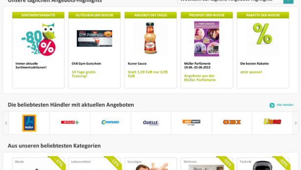 Screenshot der Webseite „Wo gibt's was?“ mit verschiedenen Angeboten und Händlern.