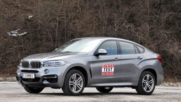 Ein grauer BMW X6 steht vor einem Hintergrund aus kahlen Bäumen.