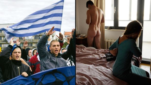 Eine Collage zeigt eine Demonstration mit einer blau-weiß gestreiften Flagge und ein Paar in einem Schlafzimmer.