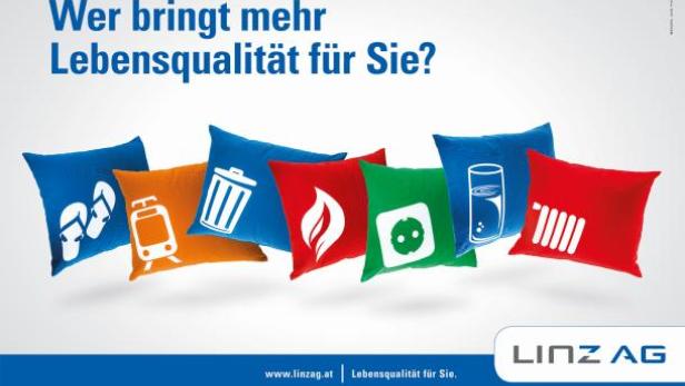 Mehrfarbige Kissen mit Symbolen für verschiedene Dienstleistungen von Linz AG.