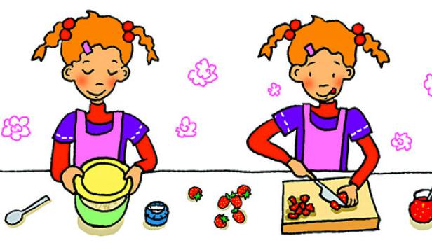 Eine Illustration, die ein Mädchen bei der Zubereitung eines Erdbeerdesserts zeigt.