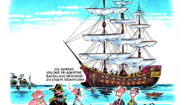 Eine Karikatur zeigt Piraten mit einem PR-Berater vor einem Piratenschiff.