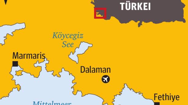 Eine Karte der türkischen Küstenregion um Marmaris, Dalaman und Fethiye.