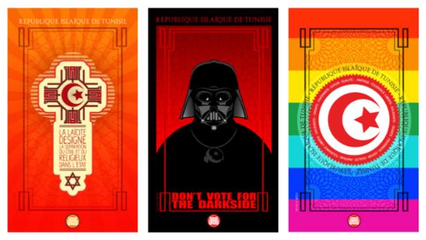 Drei satirische Poster zur tunesischen Politik mit religiösen und „Star Wars“-Motiven.