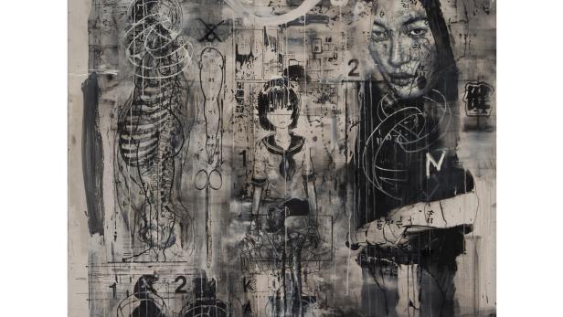 Das Gemälde „Ninja Kanista“ zeigt verschiedene Figuren und Elemente in Schwarz und Weiß.