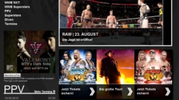 Die Startseite der WWE-Website mit aktuellen Champions, Videos und Veranstaltungshinweisen.