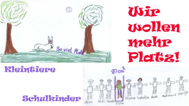 Eine Kinderzeichnung mit Bäumen, einem Hasen und dem Schriftzug „Wir wollen mehr Platz!“.