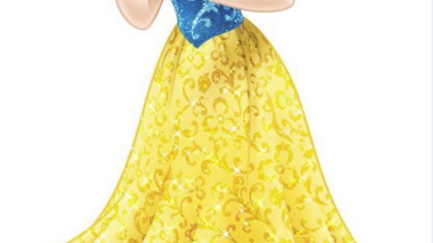 Schneewittchen im gelben Kleid hält eine rote Rose in der Hand.