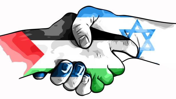 Ein Händedruck, wobei die Hände mit den Flaggen von Israel und Palästina bemalt sind.