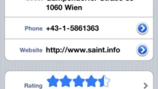 Ein Screenshot der Detailseite des Restaurants „Saint Charles Alimentary“ in Wien.