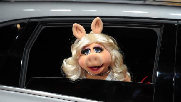 Miss Piggy schaut aus dem Fenster eines Autos.