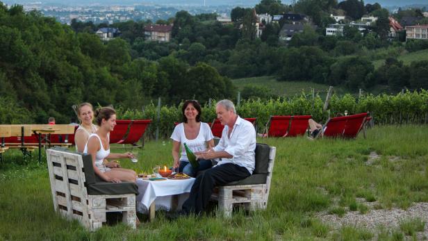 Die Gäste von „Mayer am Nussberg“ genießen Top-Weine und Erzeugnisse kleiner landwirtschaftlicher Betriebe mitten in den Weinbergen – mit Blick über die Stadt.