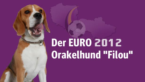 Ein Beagle vor einem lila Hintergrund mit dem Text „Der EURO 2012 Orakelhund Filou“.