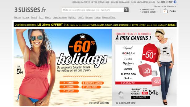 Eine Frau mit Sonnenbrille und Bademode auf einer Werbung für 3 Suisses.