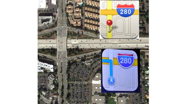 Eine Luftaufnahme einer Autobahnkreuzung mit zwei Navigations-App-Symbolen, die die Route 280 anzeigen.