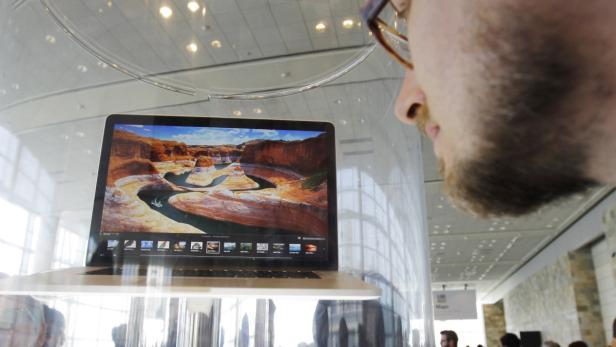 Ein Mann betrachtet einen Laptop, der eine Landschaftsdarstellung zeigt.