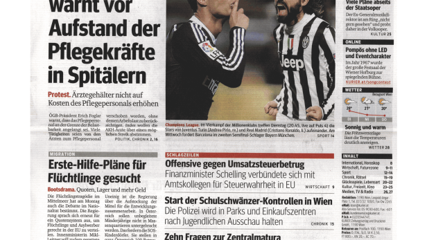 Schlagzeile vom 05.05.2015ÖGB-Chef warnt vor Aufstand der Pflegekräfte in SpitälernKurier