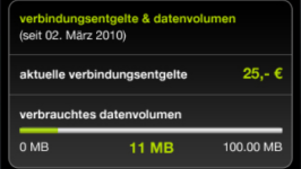 Ein Screenshot der „bob kostenabfrage“-App auf einem iPhone, die Verbindungskosten und Datenvolumen anzeigt.