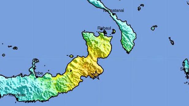 Eine Karte von Neubritannien, Papua-Neuguinea, mit einer Markierung in der Nähe von Rabaul.