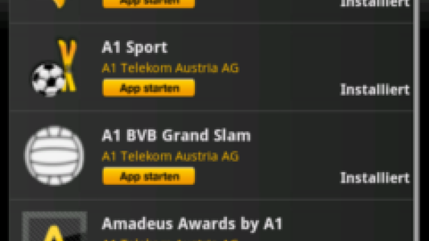 Ein Screenshot eines Android-Smartphones mit einer Liste von A1-Apps.
