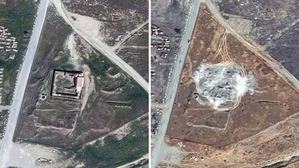 Ein weiteres Beispiel sinnloser Zerstörung ist das Sankt-Elias-Kloster bei Mossul (Irak). Wie Satellitenbilder Anfang 2016 zeigten, soll es bereits im August 2014 worden sein.