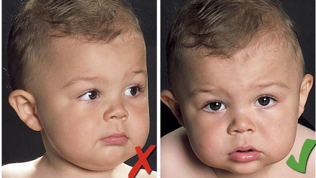 Ein Babygesicht wird mit einem roten Kreuz und einem grünen Haken als gut und schlecht dargestellt.