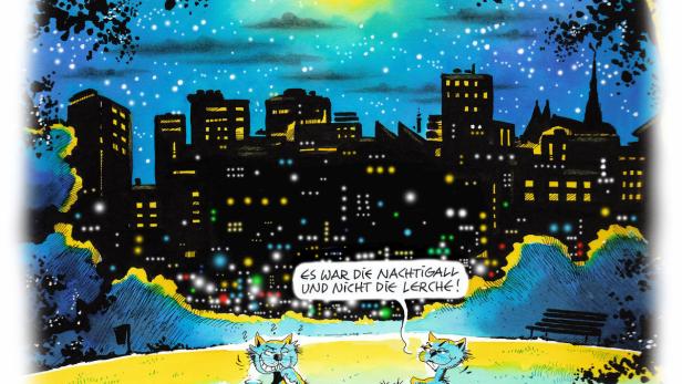 Zwei anthropomorphe Katzen machen ein Picknick vor einer nächtlichen Stadtkulisse.