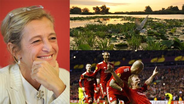 Eine Collage mit dem Porträt einer Frau, einer Flusslandschaft und feiernden Fußballspielern.