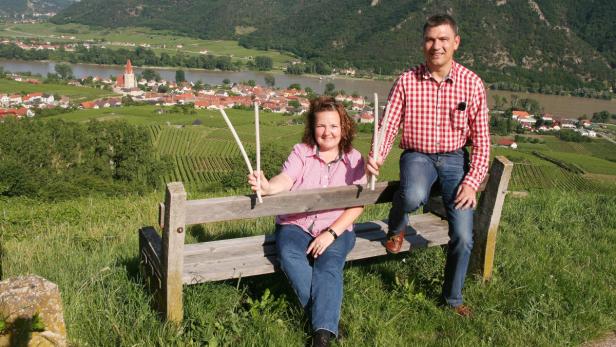 Ein Paar sitzt auf einer Bank mit Blick auf die Weinberge und die Donau.