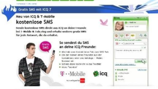 Die ICQ-Website wirbt für kostenlose SMS in Zusammenarbeit mit T-Mobile.