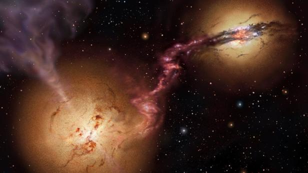 Zwei Galaxien interagieren miteinander und bilden eine kosmische Brücke aus Sternen und Gas.