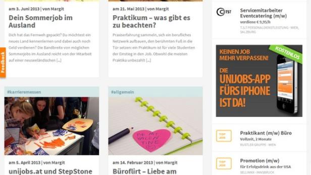 Screenshot der Webseite Unijobs.at mit Jobangeboten und Artikeln zu Karrierethemen.