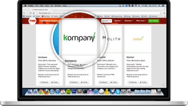 Ein Laptop zeigt die Website der TNW Conference Europe mit den Logos von Kompany, Molith und Marfeel.