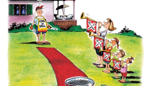 Eine Familie bereitet eine feierliche Grillzeremonie für den „King of Grill“ vor.