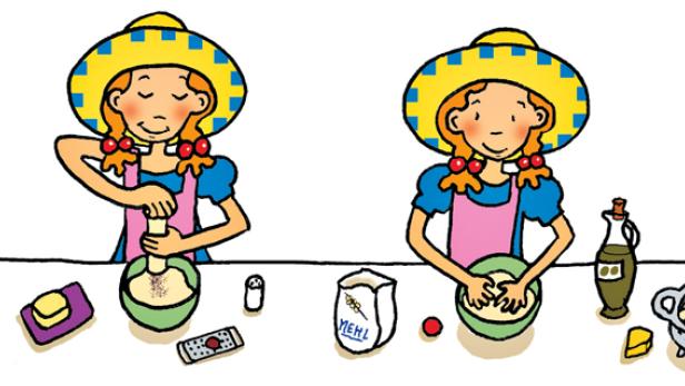 Eine Illustration, die ein Mädchen mit Hut beim Kochen in verschiedenen Schritten zeigt.