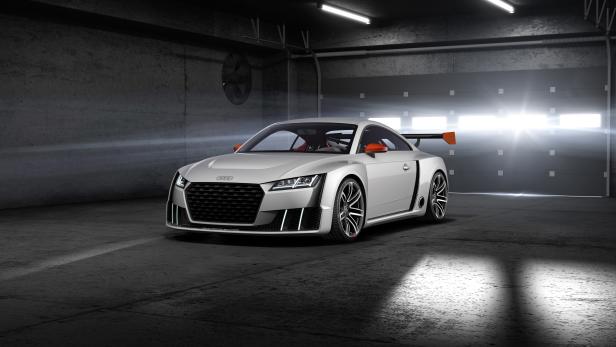 Ein silberner Audi TT steht in einer Garage.