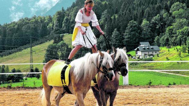 Eine Frau steht auf zwei Haflingern vor einer grünen Hügellandschaft.