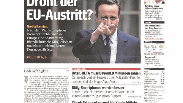 Schlagzeile vom 09.05.2015Droht der EU-Austritt?Kurier