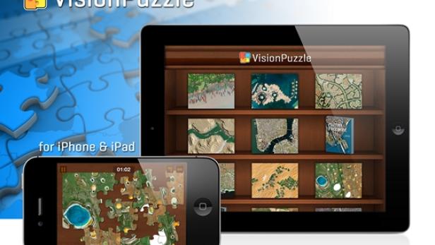 Ein iPhone und ein iPad zeigen das „VisionPuzzle“-Spiel mit Luftaufnahmen als Puzzles.